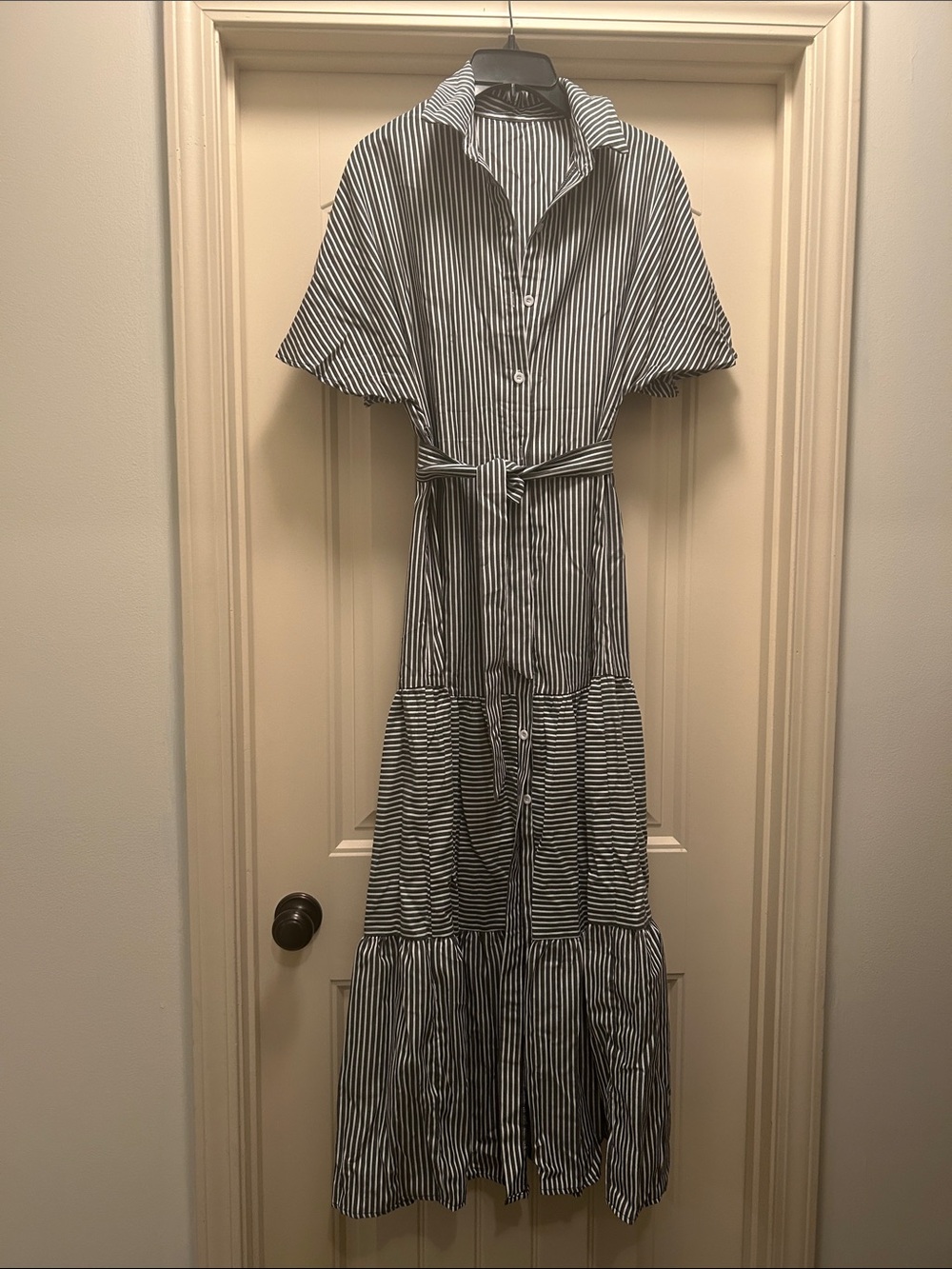 Striped Button-Front Maxi Shirt Dress with Tie Waist